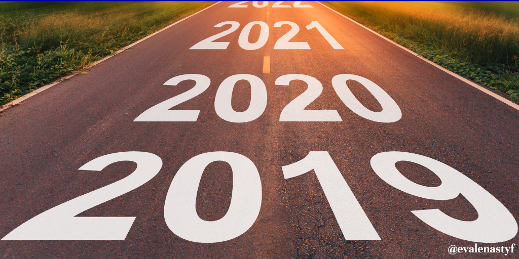the years 2019, 2020, 2021 and 2022 painted on what looks like it may be an endless road of years ahead